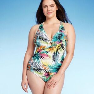 SHADE & SHORE size XLARGE Women's Ring Detail One Piece Swimsuit NEW tropical